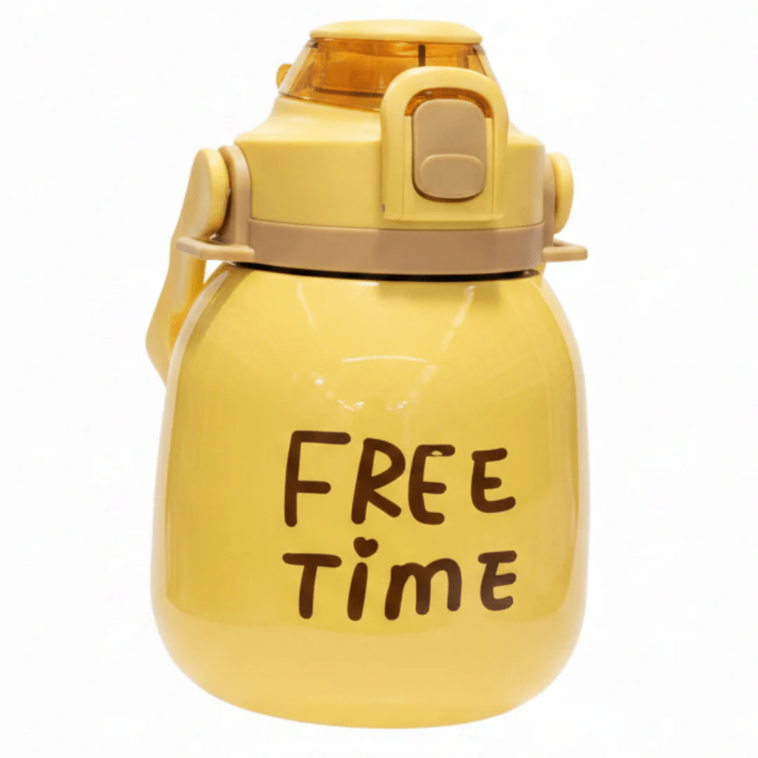 Free Time Edition Yellow Stainless Steel Vacuum Insulated Bottle with Durable Blue Handle 1000ml