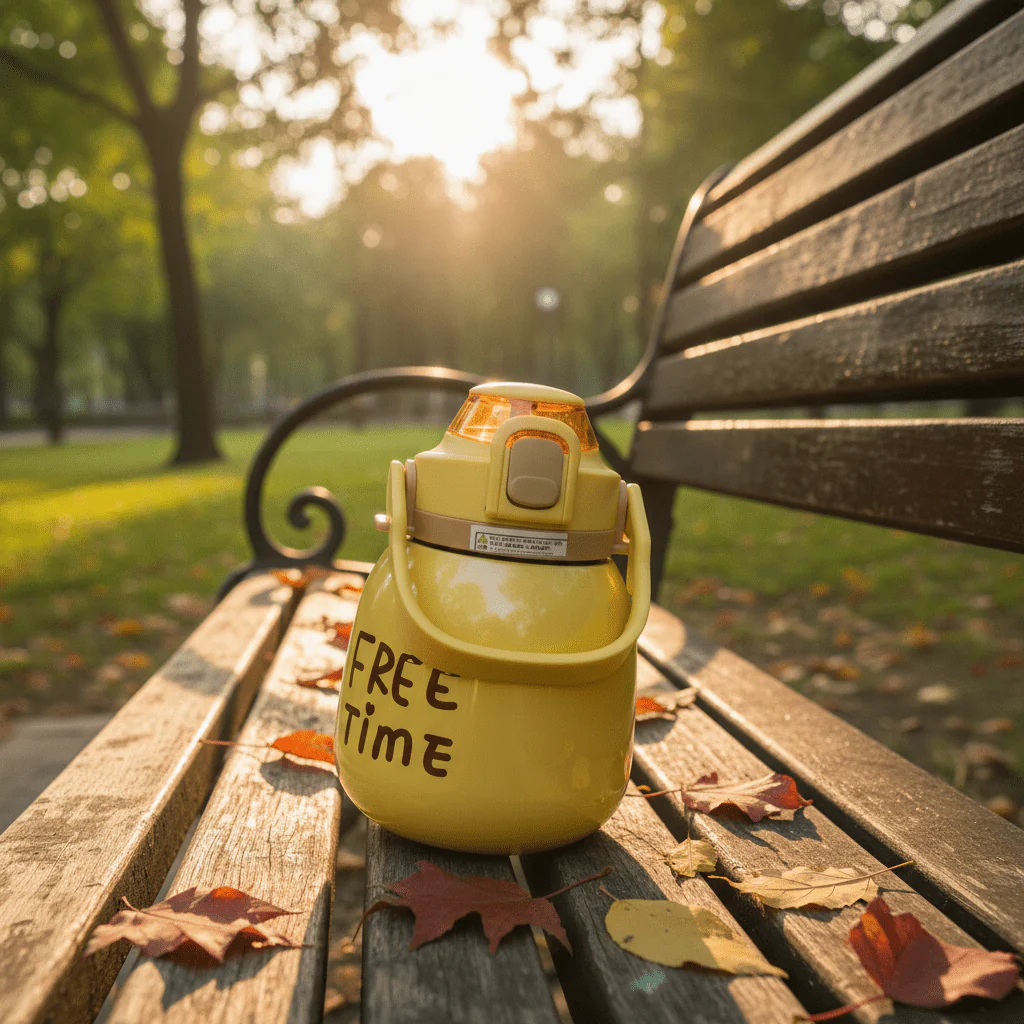 Free Time Edition Yellow Stainless Steel Vacuum Insulated Bottle with Durable Blue Handle 1000ml - Image 4