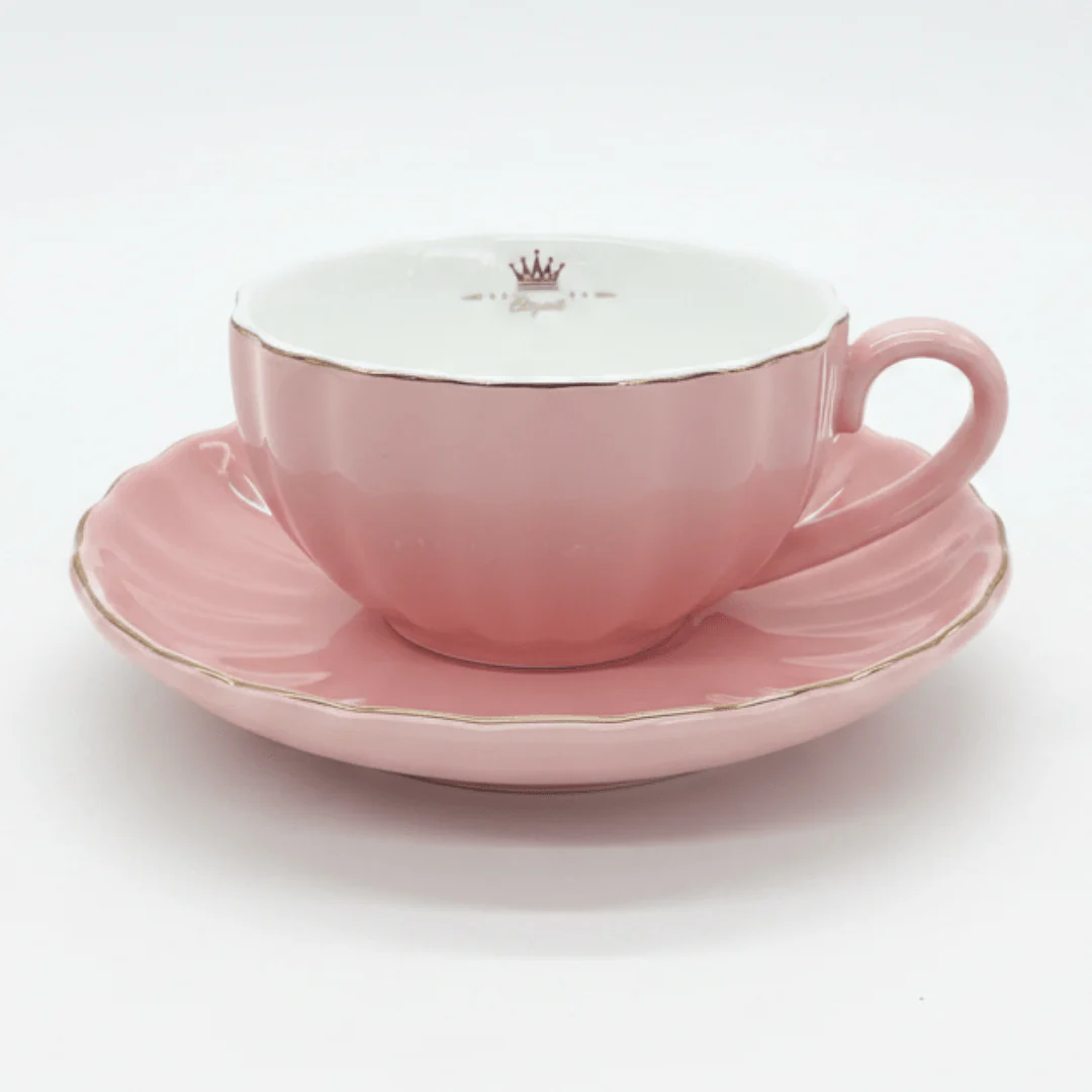 Fresh Life Pink Ceramic Cup & Saucer Set — 260ml | Blush Pink with Gold Rim
