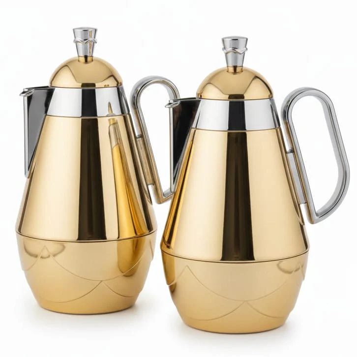 Fursan 2-Piece Vacuum Flask Set – 0.7L & 1.0L Gold with Silver Stainless Steel Thermal Insulated Flask