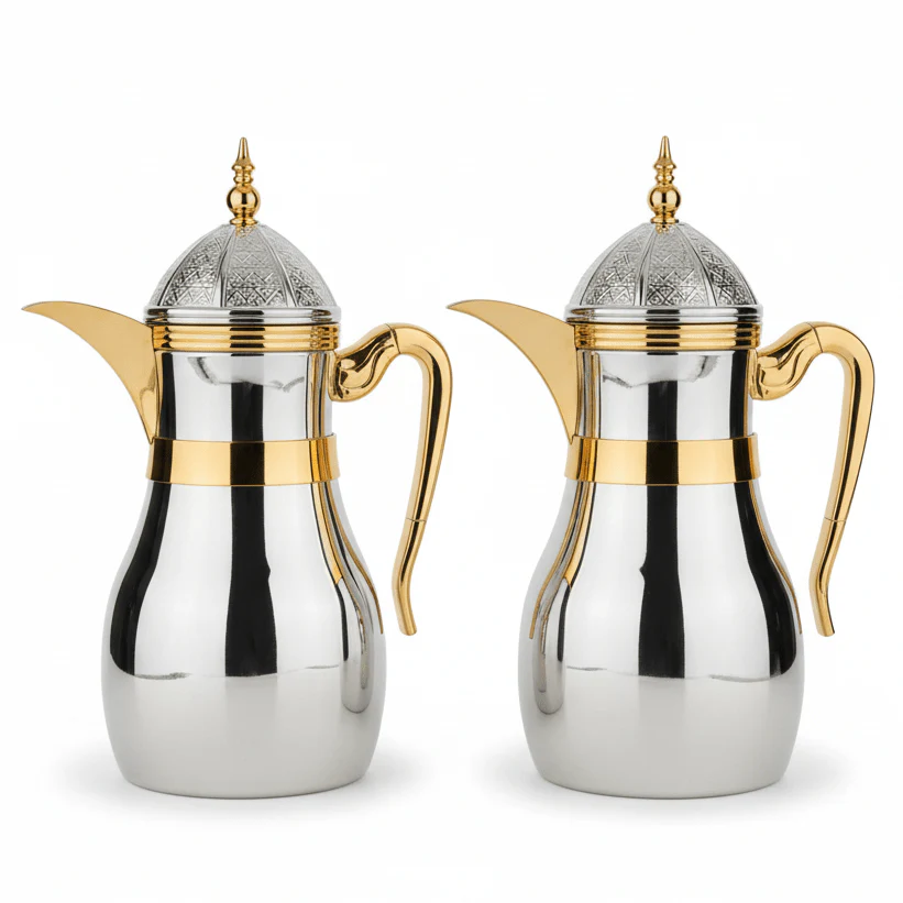 Fursan Luxury Insulated Vacuum Flask Duo Set (2 × 1 Liter) – Elegant Silver Body with Gold Detailing, Durable Construction for Home, Office & Events
