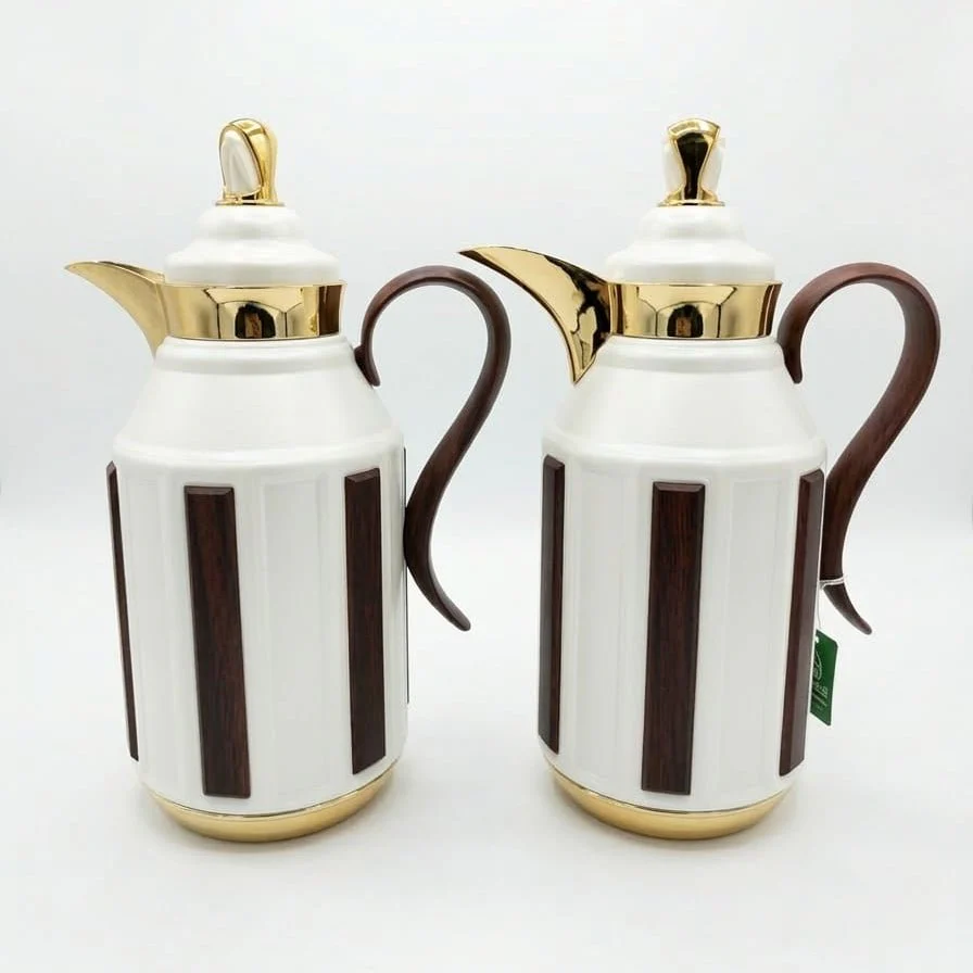 Fursan Premium 2-Piece Vacuum Flask Set 1+1L White & Gold with Brown Accent Model 2