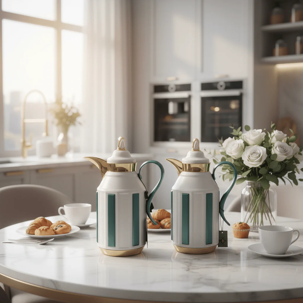Fursan Premium 2-Piece Vacuum Flask Set 1+1L White & Gold with Green Accent Model 2 - Image 2