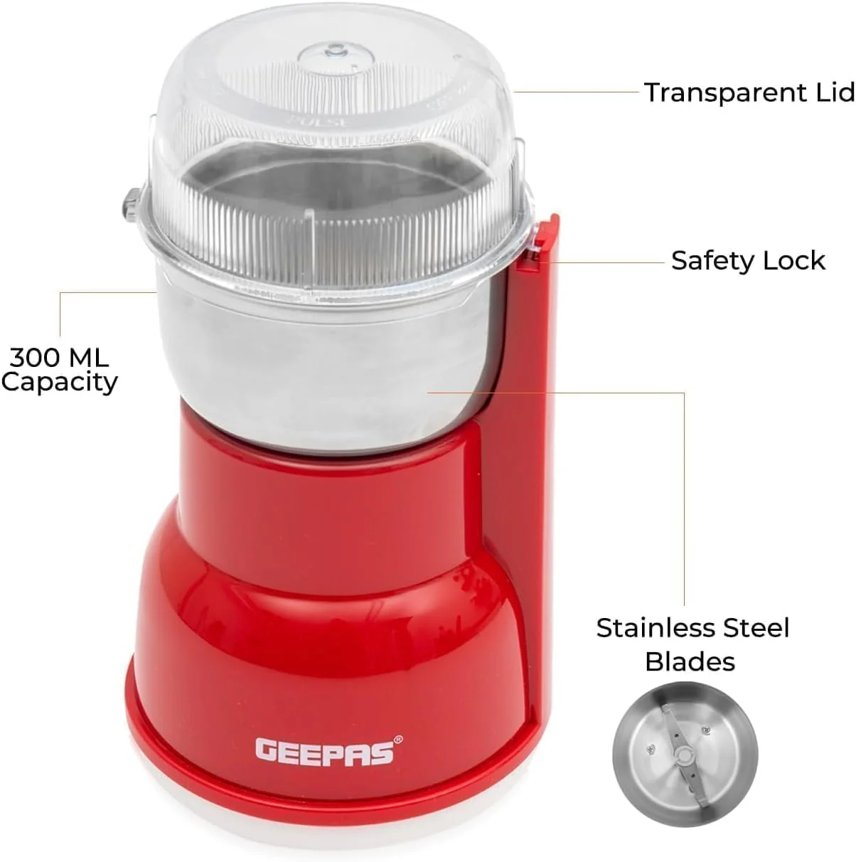 Geepas 150W Electric Coffee Grinder - Stainless Steel Blade |Stainless Steel Cup for Grinding, GCG5440 Overheat Protection | Removable Steel Bowl - Image 4