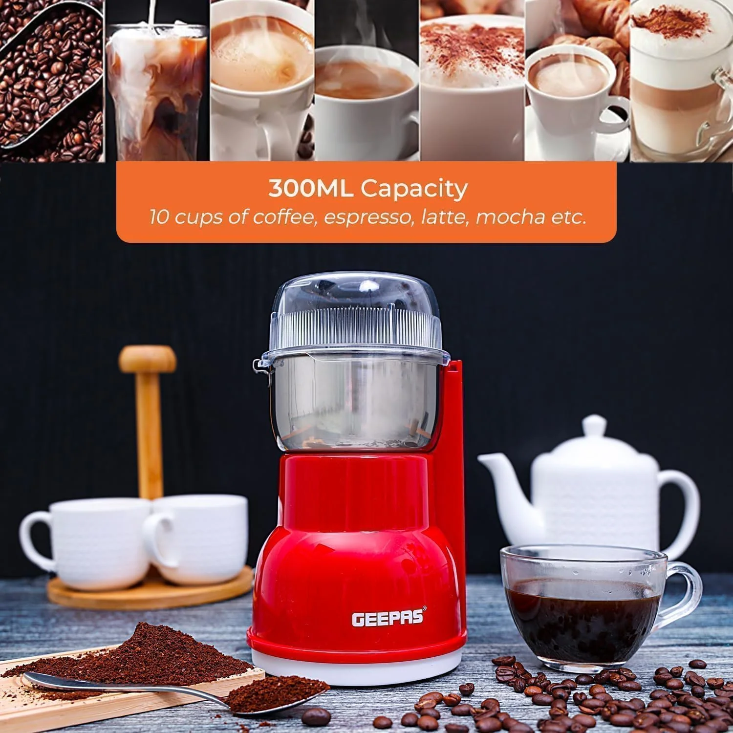 Geepas 150W Electric Coffee Grinder - Stainless Steel Blade |Stainless Steel Cup for Grinding, GCG5440 Overheat Protection | Removable Steel Bowl - Image 6