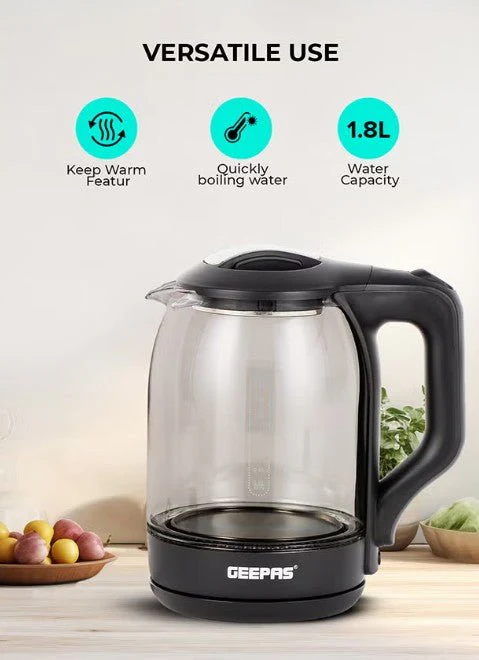 Geepas 1.8 liter Electric Glass Kettle| Boil Dry Protection and Automatic Cut-Off | Perfect for Boiling Water, Milk, Tea| 1500 W Cool Touch Handle, Rotational Base, and Easy Clean Wide Opening GK9901B - Image 2
