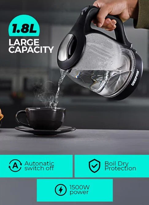 Geepas 1.8 liter Electric Glass Kettle| Boil Dry Protection and Automatic Cut-Off | Perfect for Boiling Water, Milk, Tea| 1500 W Cool Touch Handle, Rotational Base, and Easy Clean Wide Opening GK9901B - Image 4