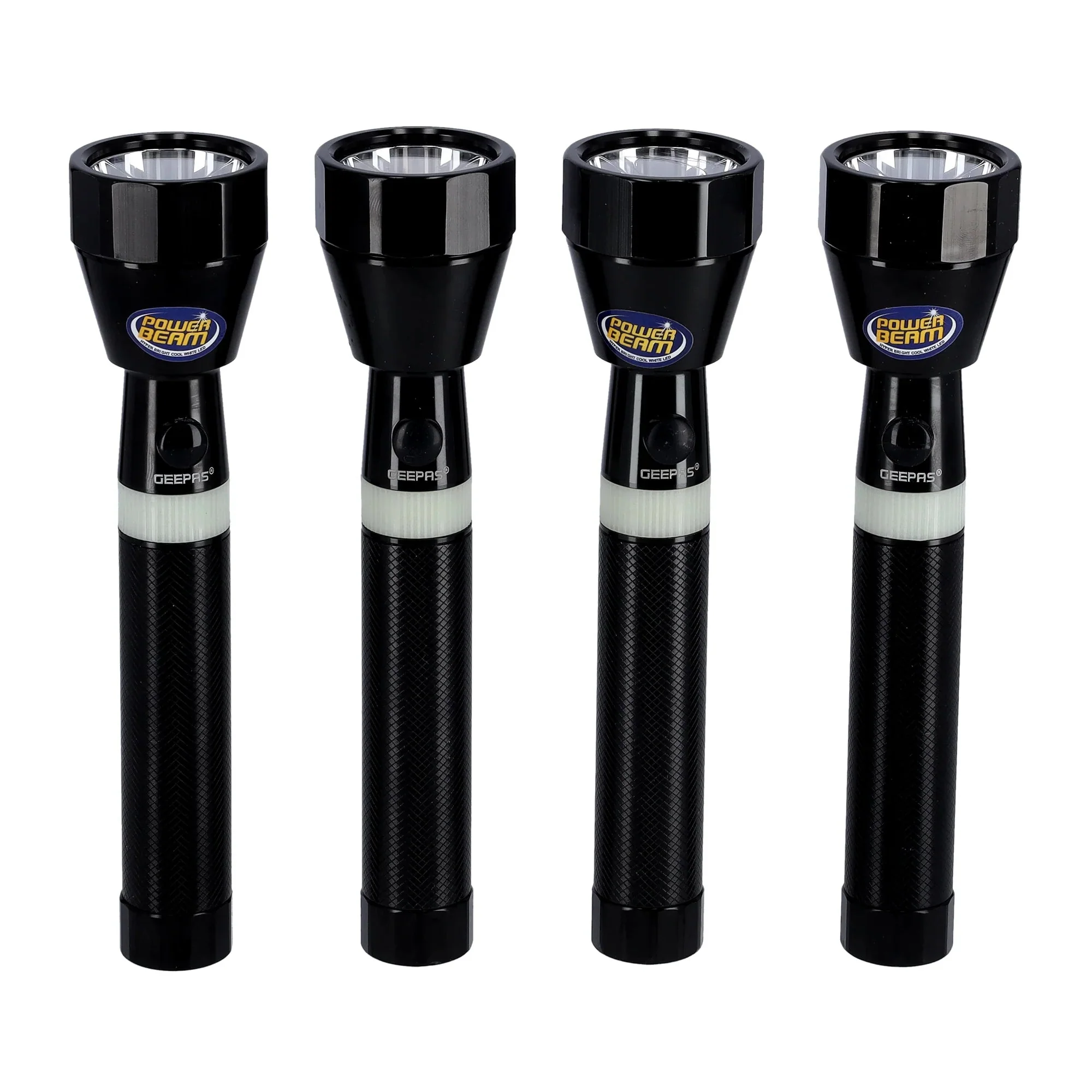 Geepas 4-Piece Rechargeable LED Flashlight Set | 5000mAh Long Battery Life | High Brightness | Strong Black Body for Outdoor Use