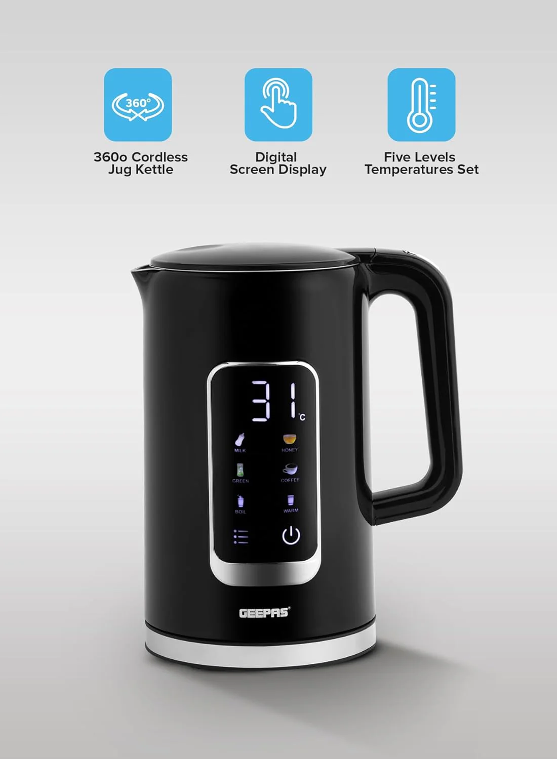 Geepas Double Layer Kettle, Black, GK38052|1.7L Digital Display Kettle Dry Boiling Protecction/Quick Boil Water, Tea and Coffee Maker-2200 Watts - Image 3