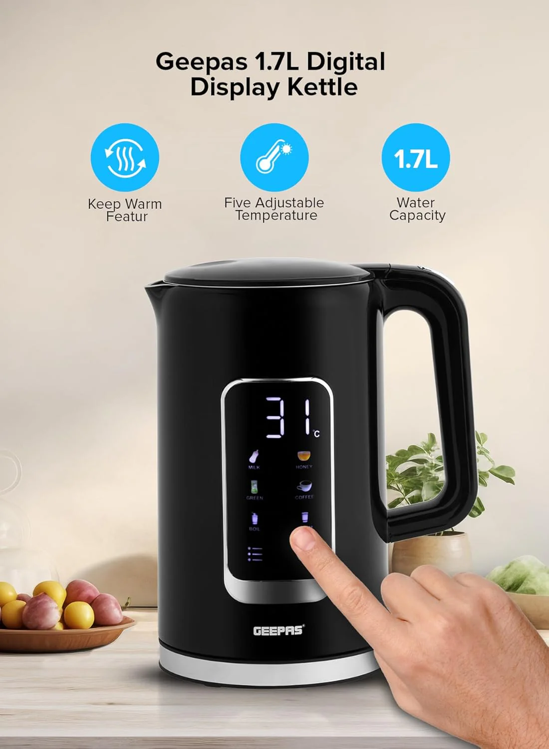 Geepas Double Layer Kettle, Black, GK38052|1.7L Digital Display Kettle Dry Boiling Protecction/Quick Boil Water, Tea and Coffee Maker-2200 Watts - Image 5