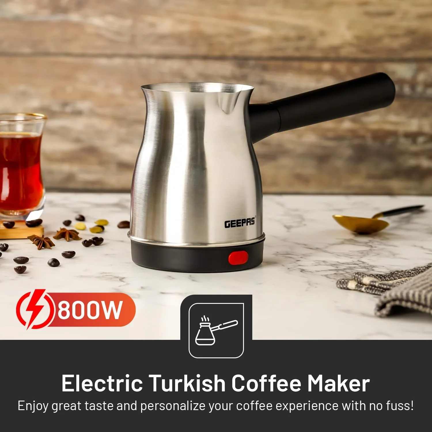 GEEPAS Electric Turkish Coffee Maker 0.8L GK38050 – Stainless Steel Coffee Kettle with 360° Rotational Base, Food-Grade Safe, Non-Automatic Cut Off, Perfect for Home & Office Use - Image 3