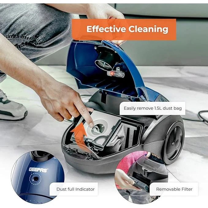 Geepas Vacuum Cleaner |GVC2595-Handheld & Stick, 1.5L Dust Bag Capacity, 1400W Powerful Motor |Comfortable Handle, Rolling wheels with Easy Parking Nozzle and Dust Full Indicator - Image 4