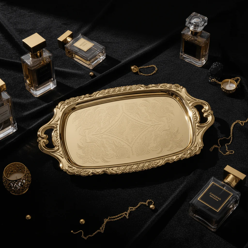 Germax gold metal rectangle serving tray with handle 33*18cm - Image 4