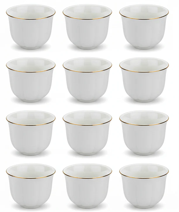 Germax 12pcs White Ceramic Cawa Cup Set with Elegant Decorative Design and Golden Rim Finish 80ml Stylish Mini Cups for Coffee and Traditional Use