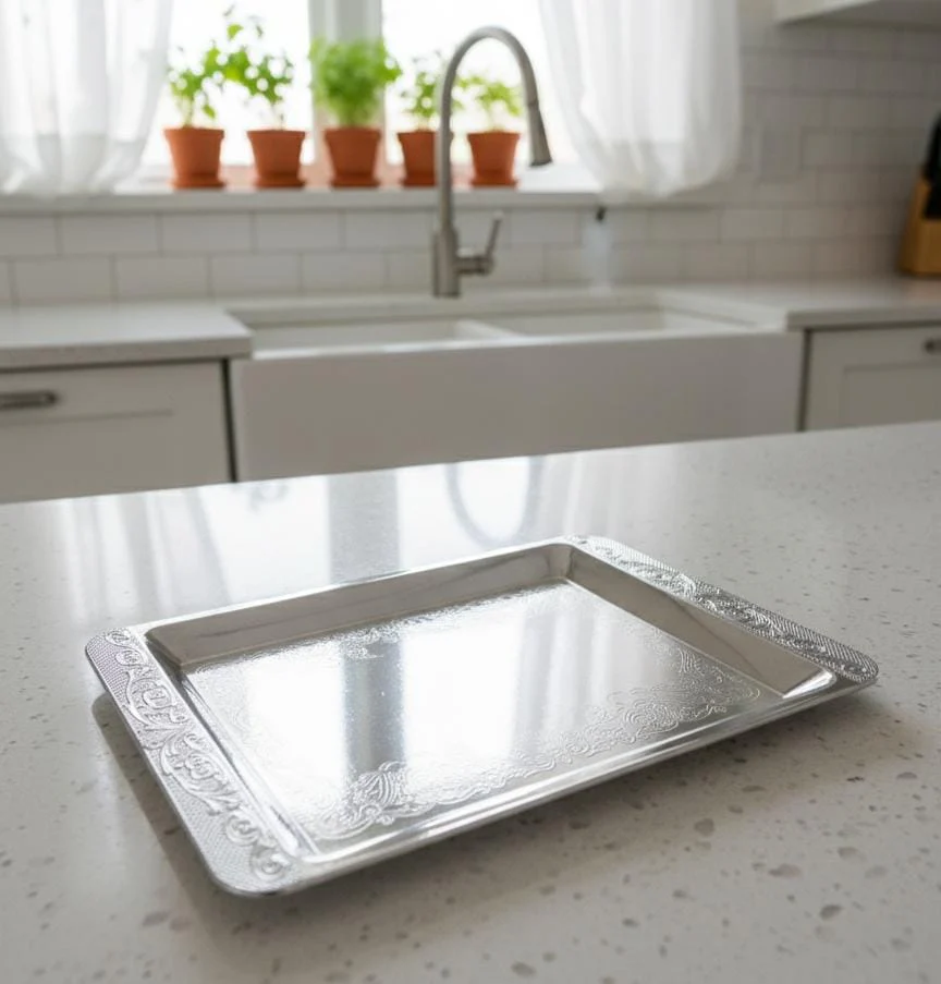 Germax Mini Rectangular Steel Tray – Compact Silver Design | 20×12 cm Stylish Tableware