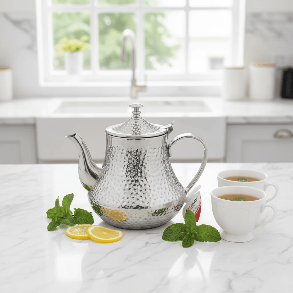 Germax Silver Stainless Steel Hammered Tea Kettle 1200ml – Premium Mirror-Finish Arabic Teapot - Image 3