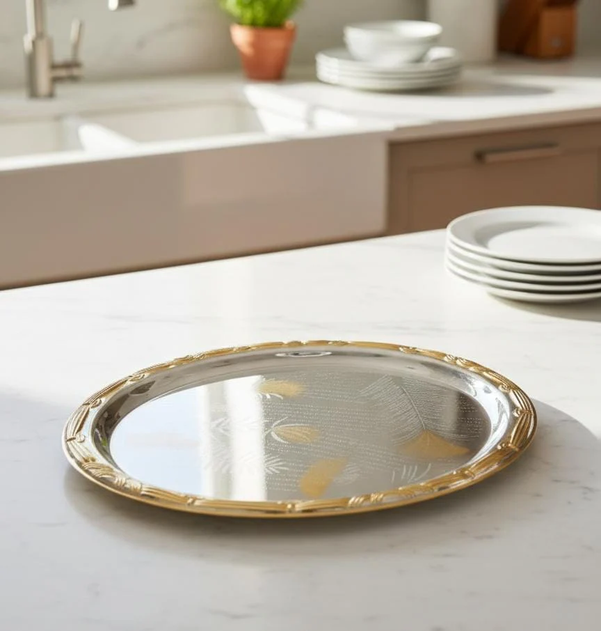 Germax Steel Serving Tray – Dual Tone Silver & Gold Rod Design | 35 cm Luxury Finish