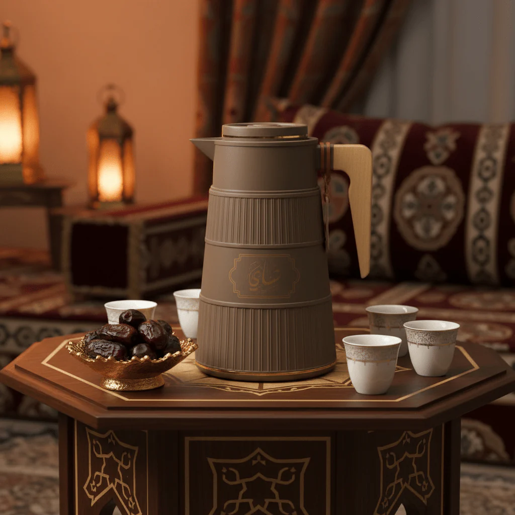 Germax Vacuum Flask 1 Litre | Insulated Arabic Thermos with Wooden Handle – Brown / Sage Grey / Cream - Image 2