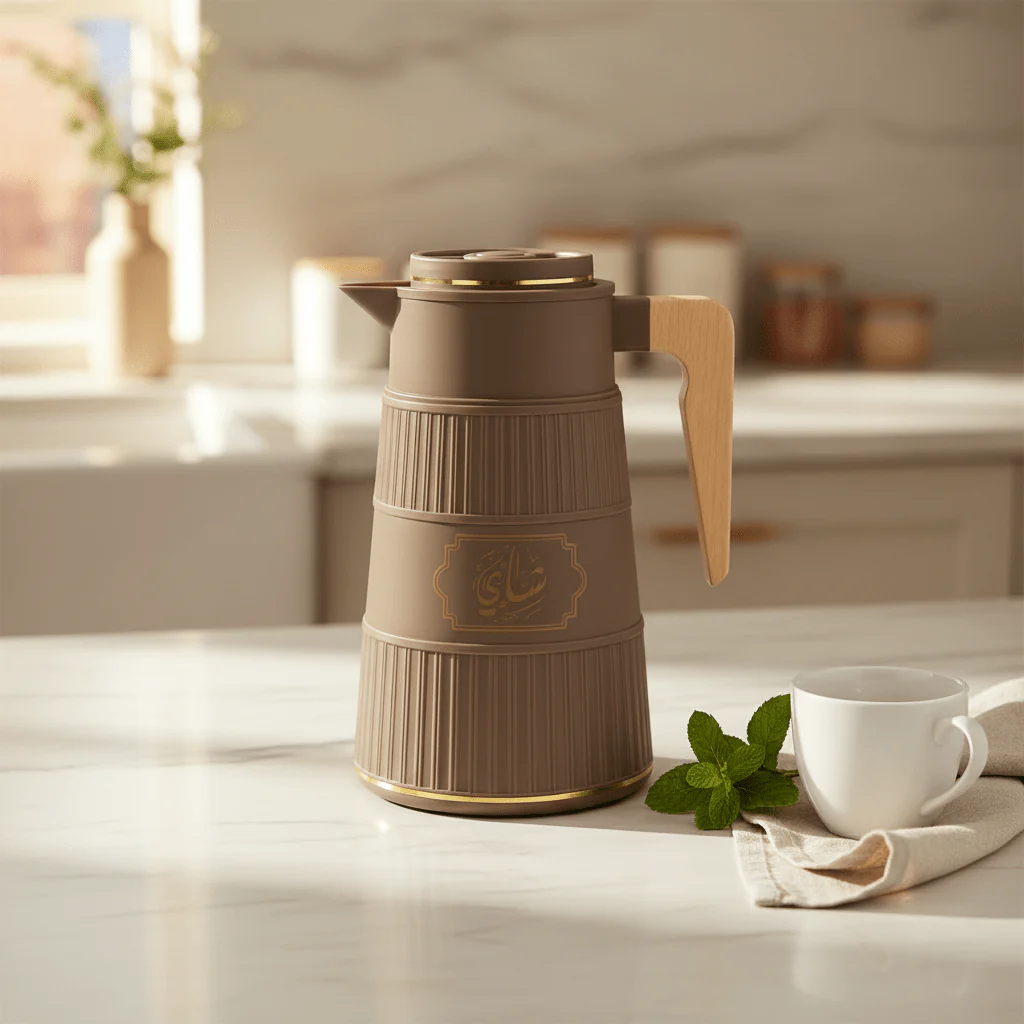 Germax Vacuum Flask 1 Litre | Insulated Arabic Thermos with Wooden Handle – Brown / Sage Grey / Cream - Image 3