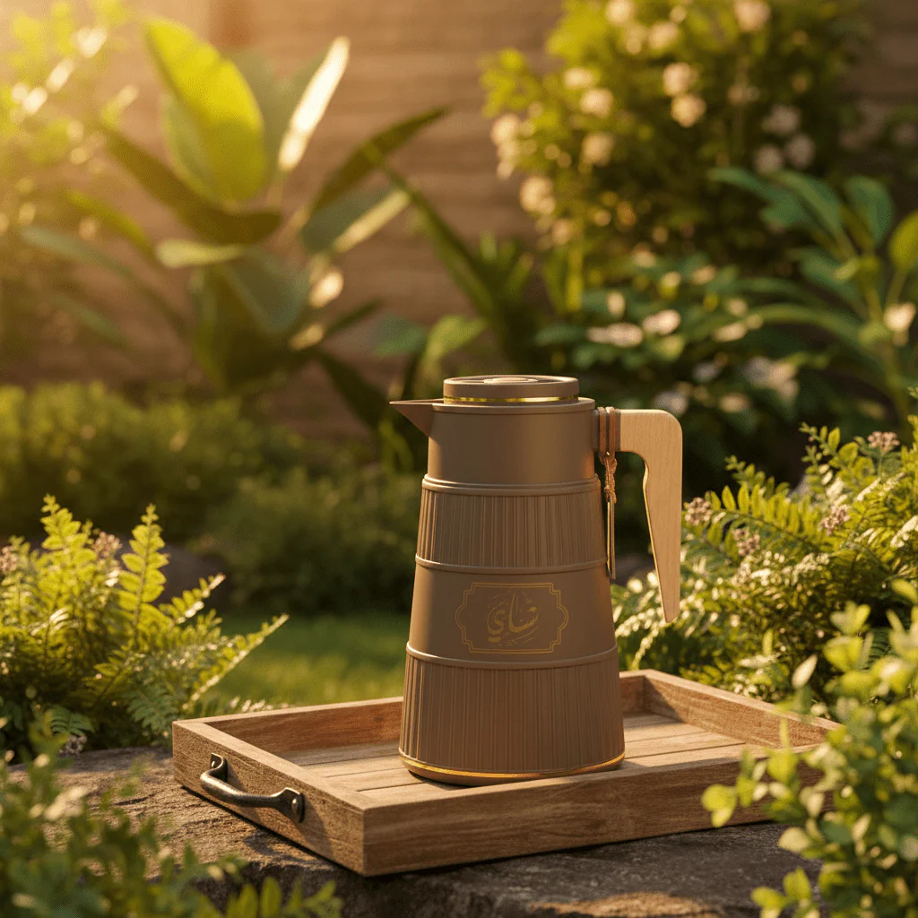 Germax Vacuum Flask 1 Litre | Insulated Arabic Thermos with Wooden Handle – Brown / Sage Grey / Cream - Image 6