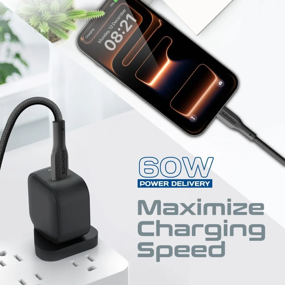 Promate Super-Flexible 60W USB-C to USB-C Fast Charging Cable (3M) PD 3A Type-C Charger Cord for iPhone 15 16 17, Tablets, Laptops, MacBook, iPad Pro, Samsung S24 S25 S26 ZFold7, Pixel - Black - Image 2