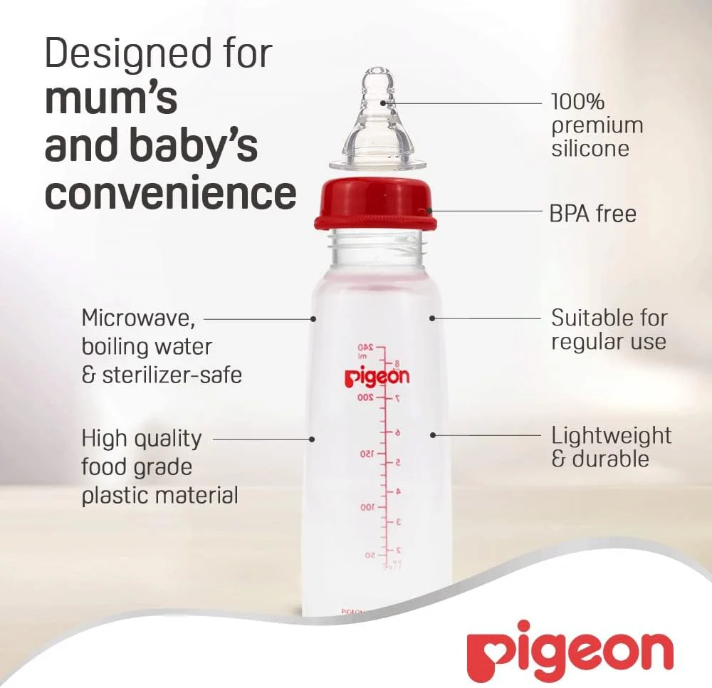 Pigeon Slim Neck Plastic Feeding Bottle, White Cap, Ultra Soft Silicone Nipple, Anti Colic, Bpa & Bps Free, 240ml, Multi Color - Image 3