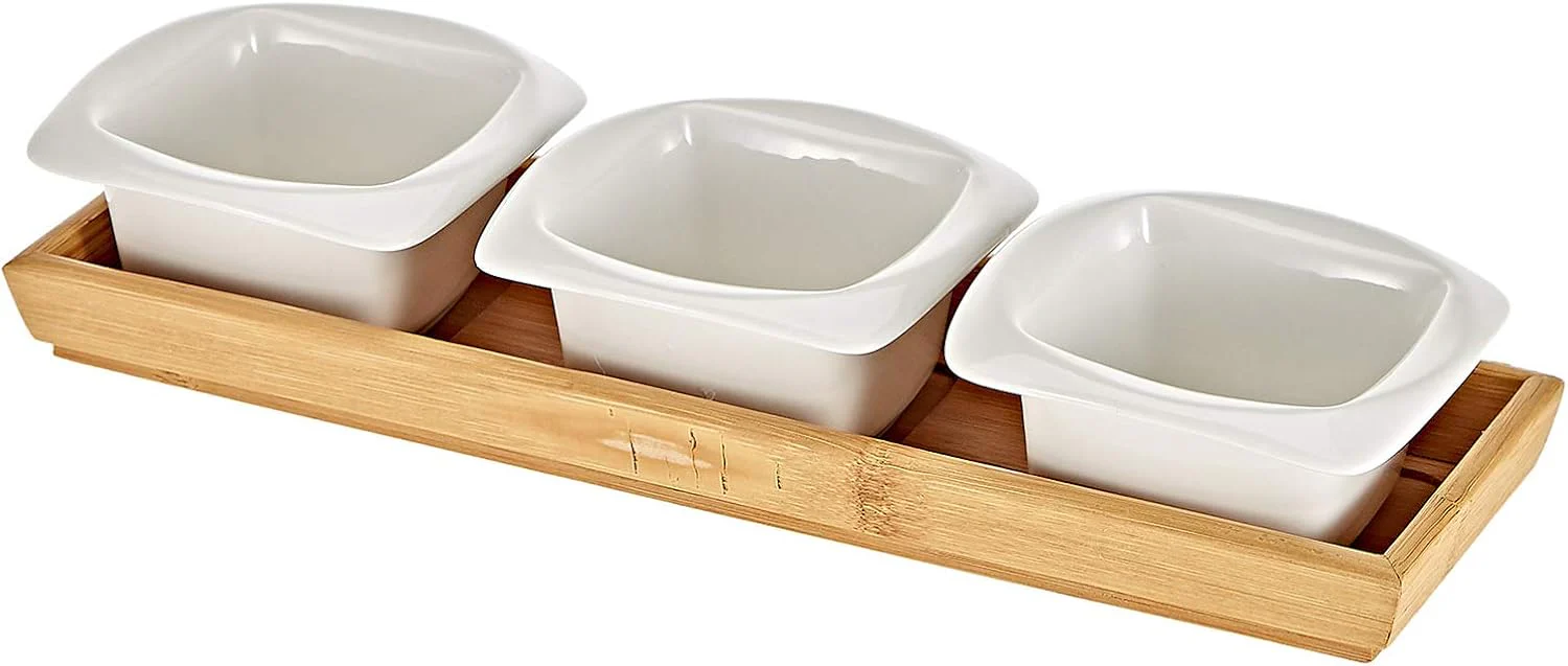Symphony White Ceramic Square Serving Bowl Set – 3 Pieces with Bamboo Tray 150 Ml
