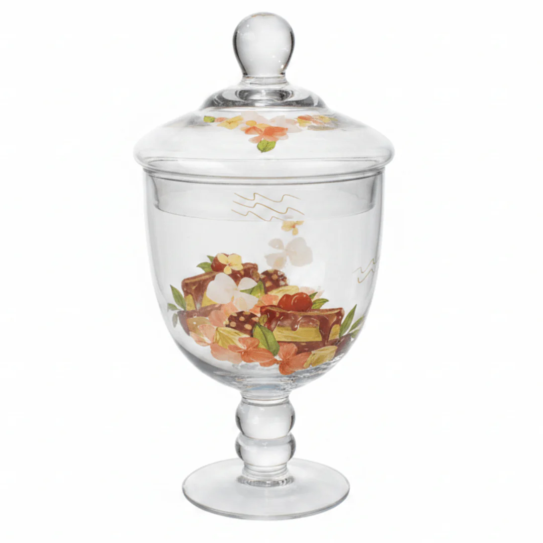 Elegant Floral Glass Candy Jar with Lid – 1600ml