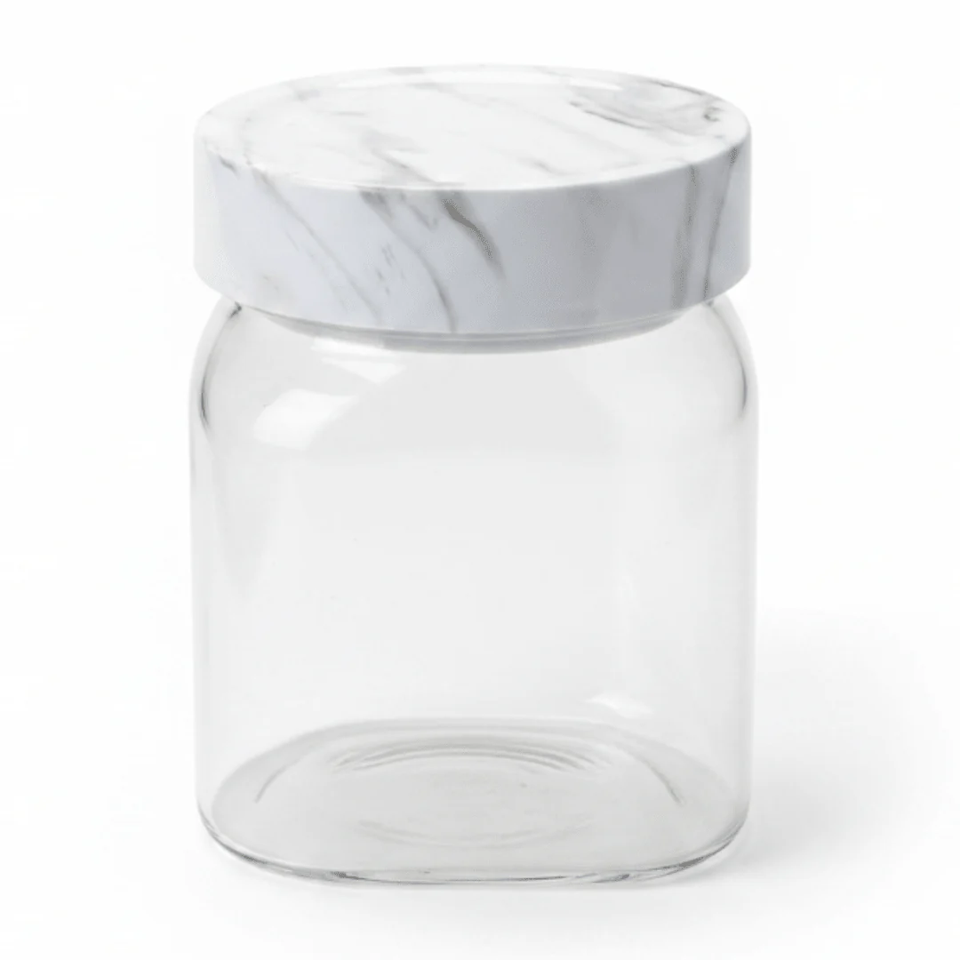 Glass Canister with Elegant Marble-Pattern Plastic Lid | 1 Litre Airtight Storage Jar for Kitchen, Pantry & Home Organisation