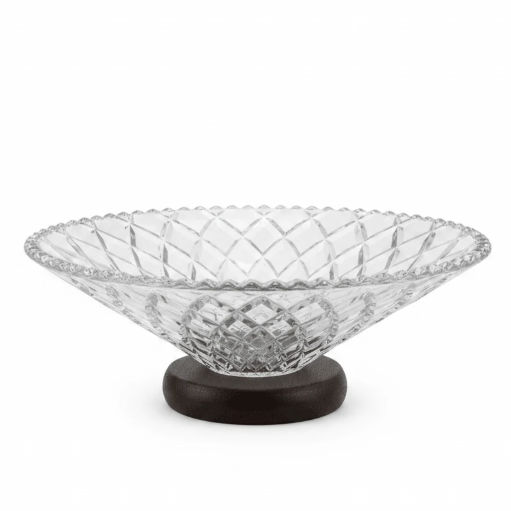 Crystal Diamond-Cut Glass Fruit Bowl with Wooden Base - 25×10 cm