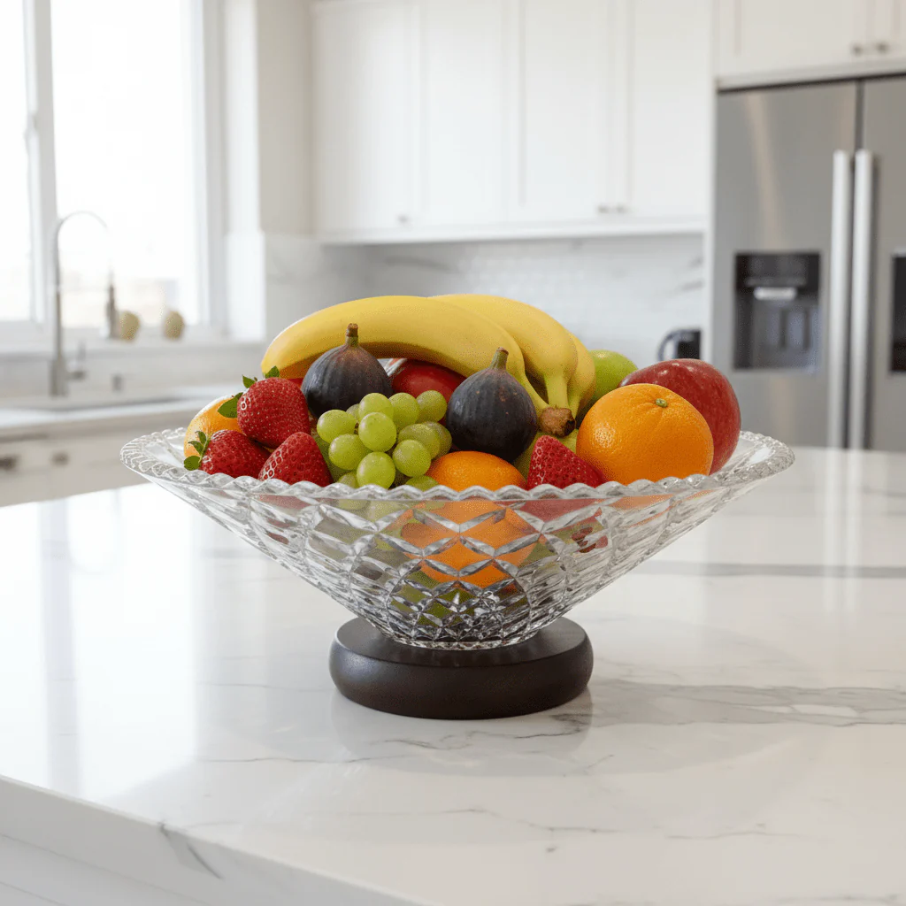 Crystal Diamond-Cut Glass Fruit Bowl with Wooden Base - 25×10 cm - Image 2
