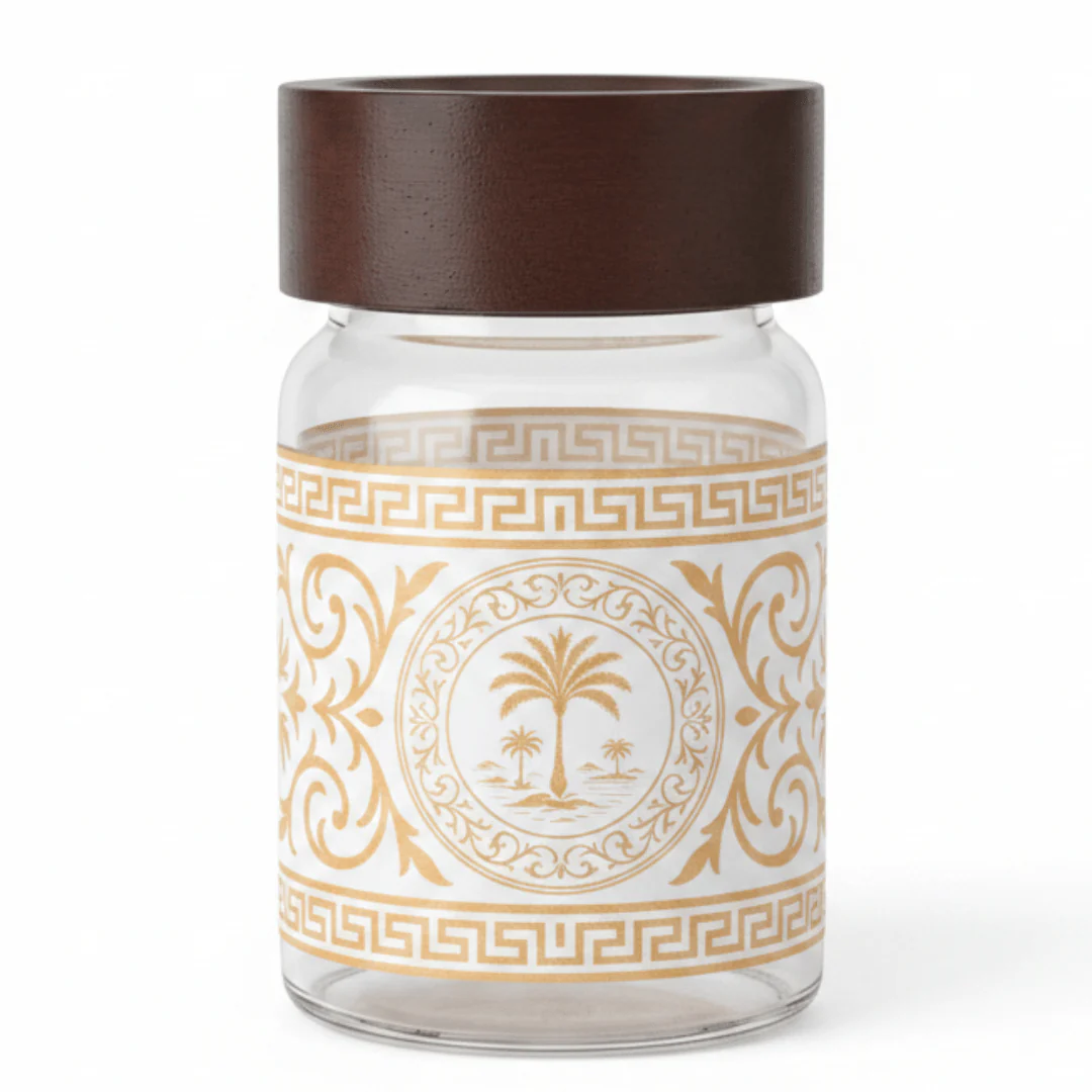 Glass Jar with Gold Palm Tree Design & Wooden Lid – 200ml / 900ml