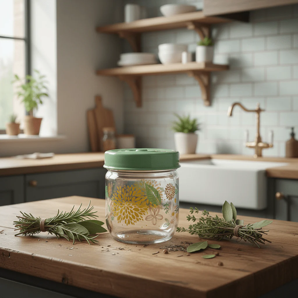 Glass Storage Jar with Mint Green Lid | Floral Print Kitchen Canister | 425ml | - Image 2