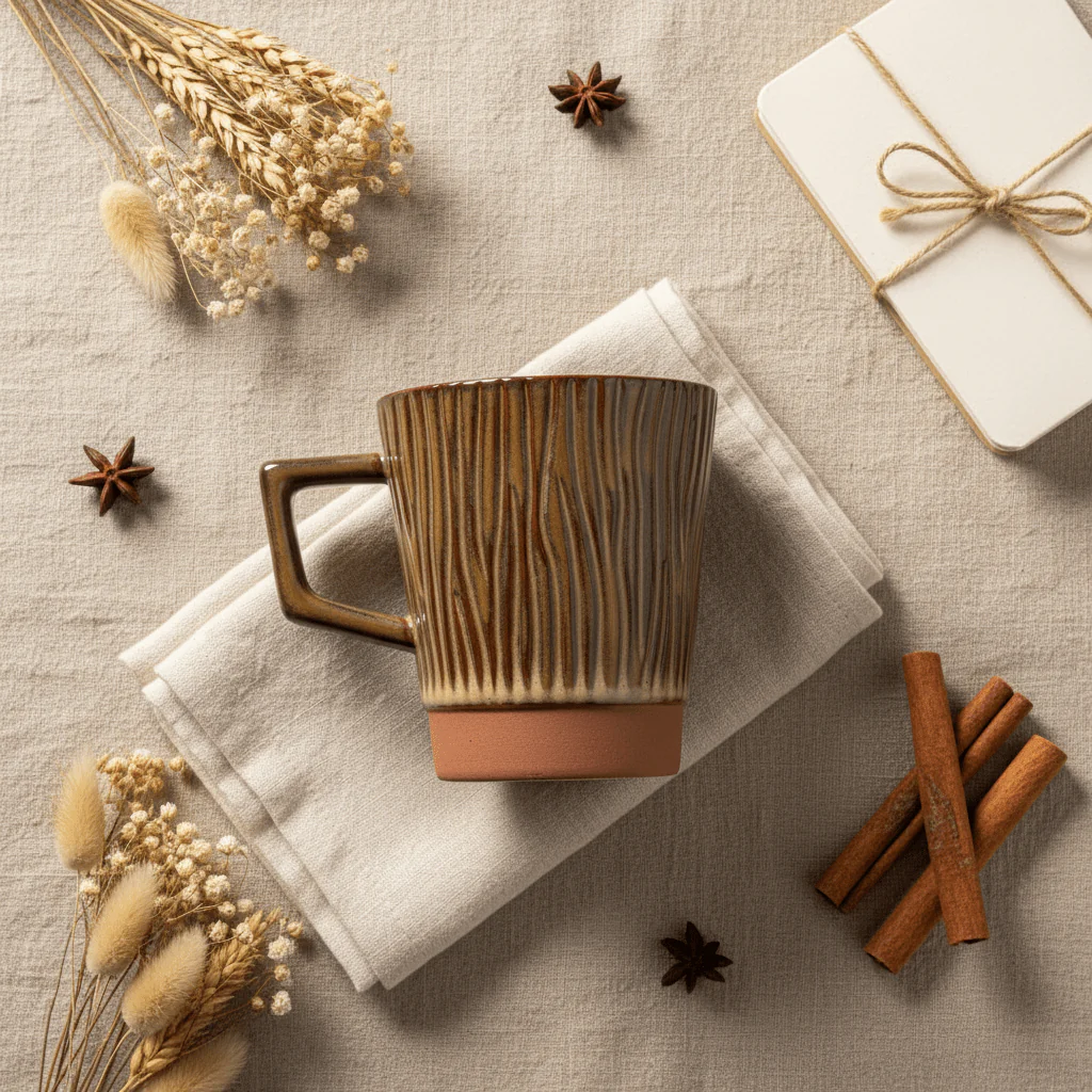 Artisan Ridged Ceramic Mug — Glossy Brown | 300ml - Image 3