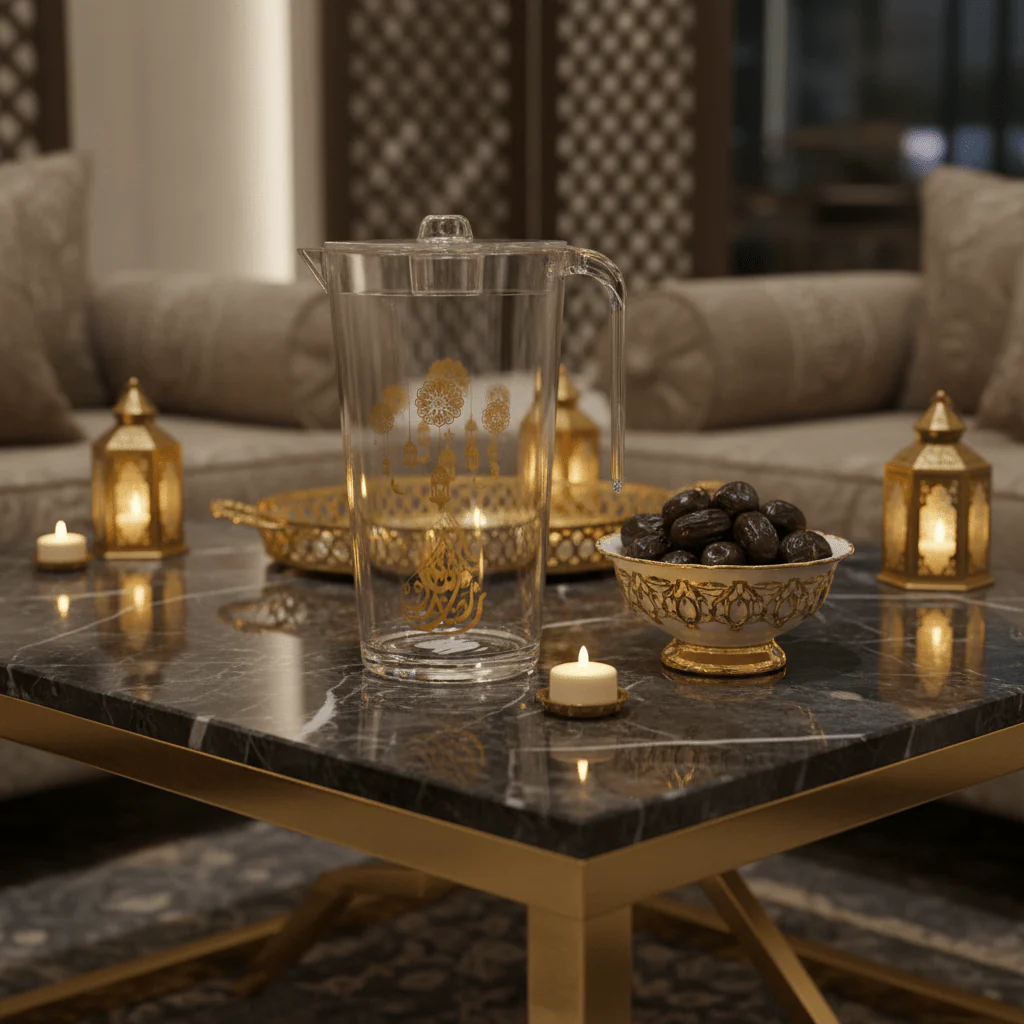 Glow Premium Clear Acrylic Jug with Elegant Gold Arabic Calligraphy & Hanging Lantern Artwork – 2 Litre - Image 2