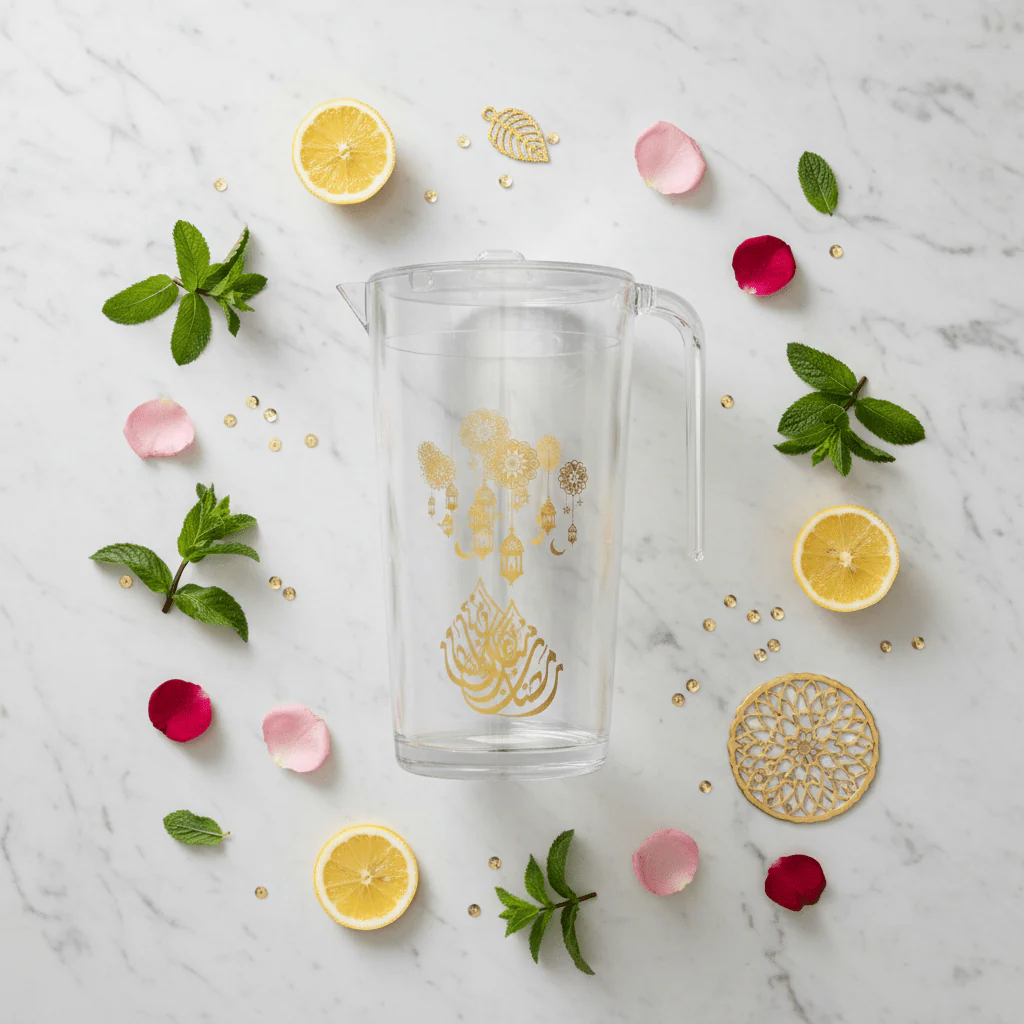 Glow Premium Clear Acrylic Jug with Elegant Gold Arabic Calligraphy & Hanging Lantern Artwork – 2 Litre - Image 3