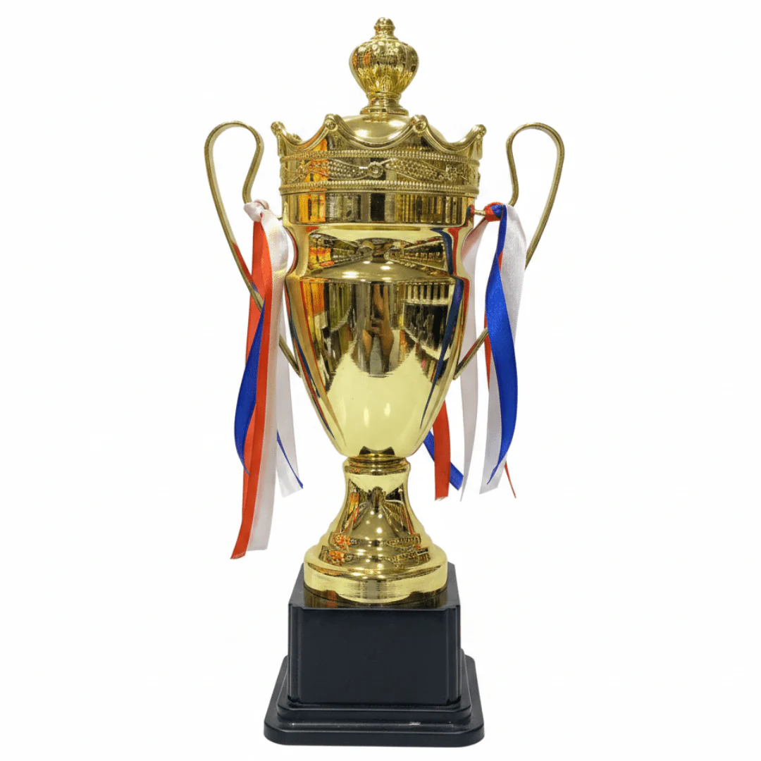 Premium Gold & Black Metal Trophy Cup — 33cm | Champion Award with Decorative Ribbons