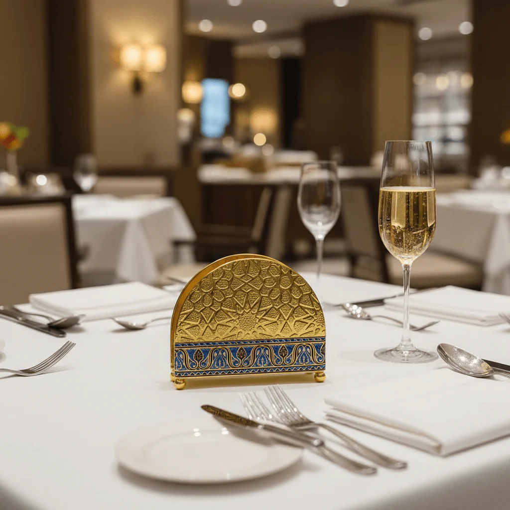 Gold & Blue Enamel Metal Napkin Holder with Geometric Pattern | Decorative Table Organiser | 10×13cm | Majlis & Fine Dining Décor - Image 3