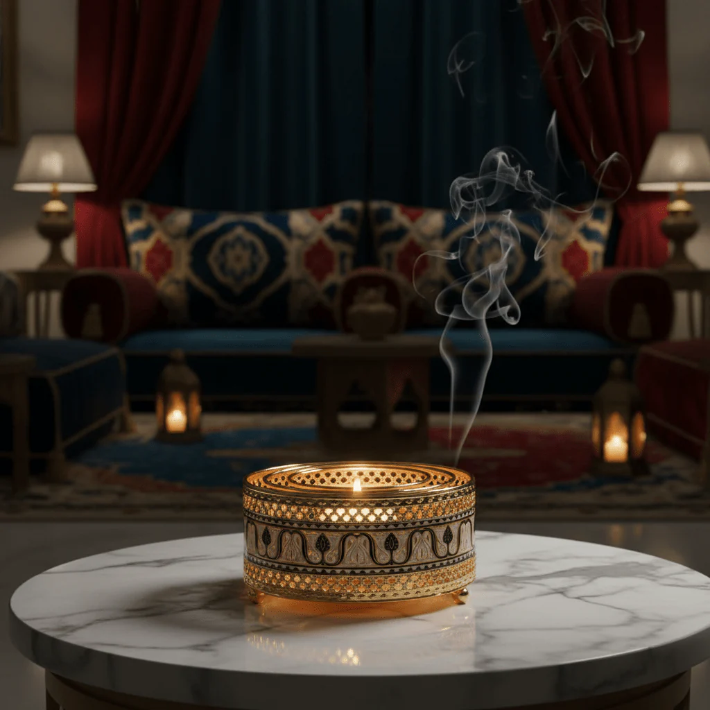 Gold & Blue Round Metal Candle Warmer | Arabesque Filigree Design | 14×6 cm | Luxury Home Fragrance Décor - Image 2