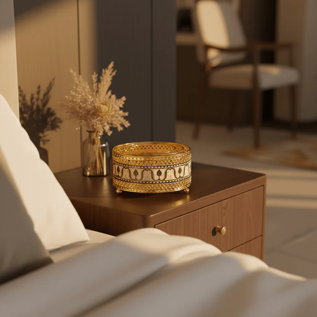 Gold & Blue Round Metal Candle Warmer | Arabesque Filigree Design | 14×6 cm | Luxury Home Fragrance Décor - Image 3