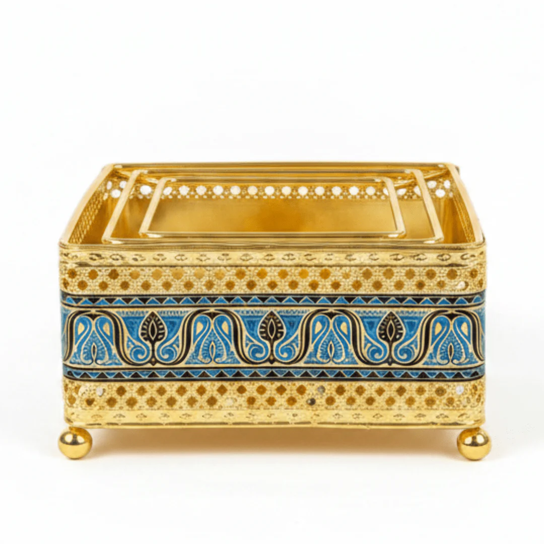 Gold & Blue Square Metal Candle Warmer | Ornate Filigree Design | 14×6cm | Luxury Home Décor Gift