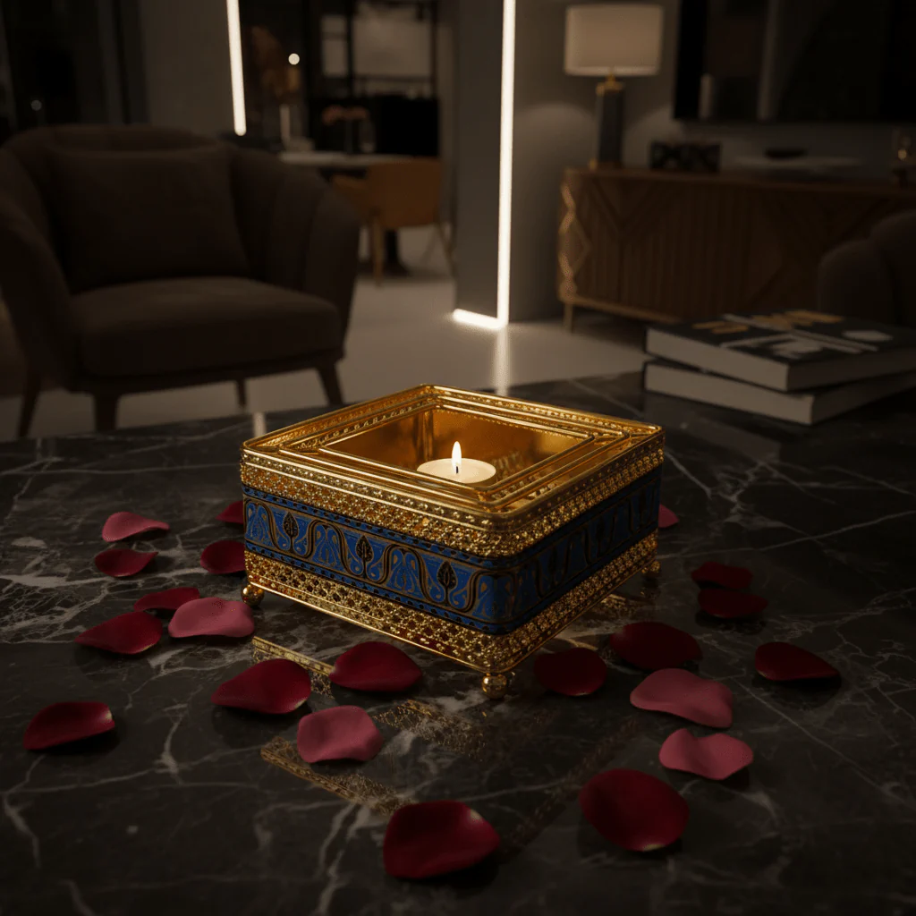 Gold & Blue Square Metal Candle Warmer | Ornate Filigree Design | 14×6cm | Luxury Home Décor Gift - Image 2