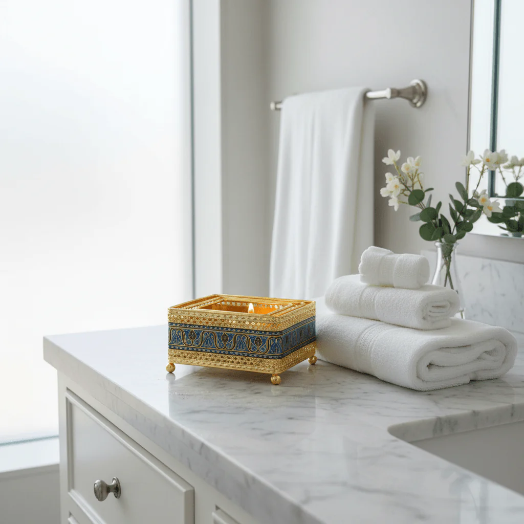Gold & Blue Square Metal Candle Warmer | Ornate Filigree Design | 14×6cm | Luxury Home Décor Gift - Image 3