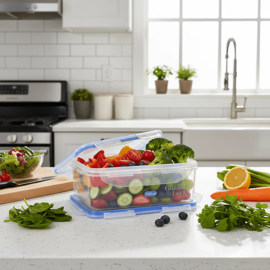 Golden Lock Plastic Rect Food container 1100ml-Blue&Transparent - Image 2