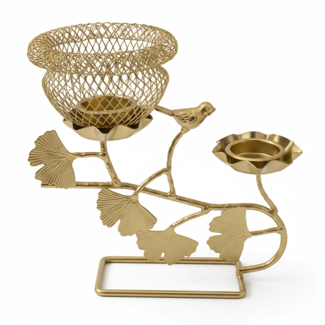 Golden Bird Nest Candle Holder | Dual Tealight Stand | Ginkgo Leaf Design | 22×20cm
