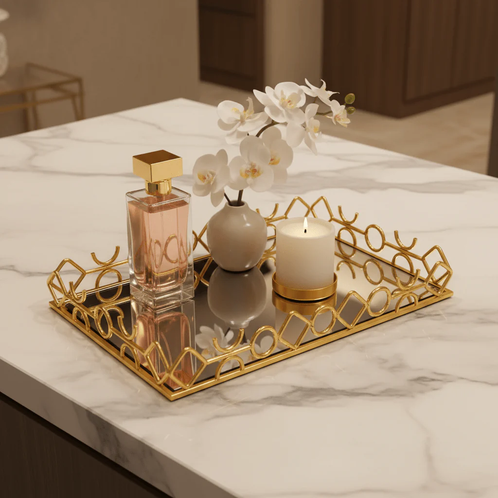 Golden Metal & Glass Mirror Serving Tray Ornate Geometric Lattice Design 44×30cm - Image 2