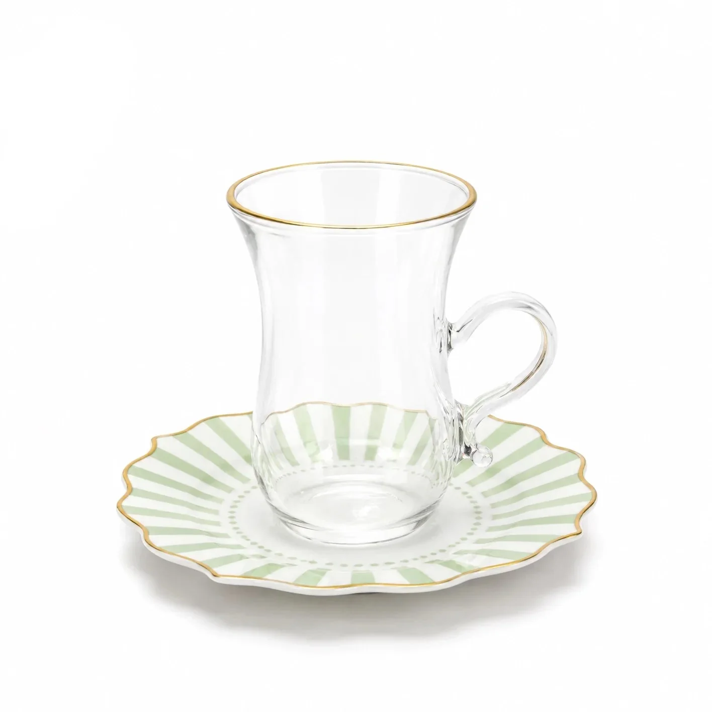 ABL GP-120 Sketan Tea Cup & Saucer Set – 12 Pieces – Clear Glass Cups with Gold Rim & Green Stripe Porcelain Saucers