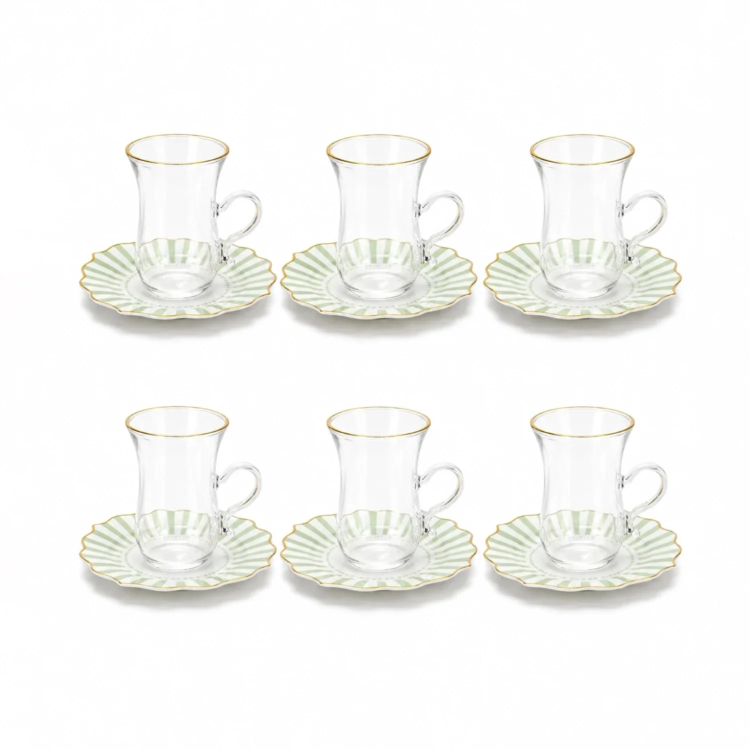 ABL GP-120 Sketan Tea Cup & Saucer Set – 12 Pieces – Clear Glass Cups with Gold Rim & Green Stripe Porcelain Saucers - Image 2
