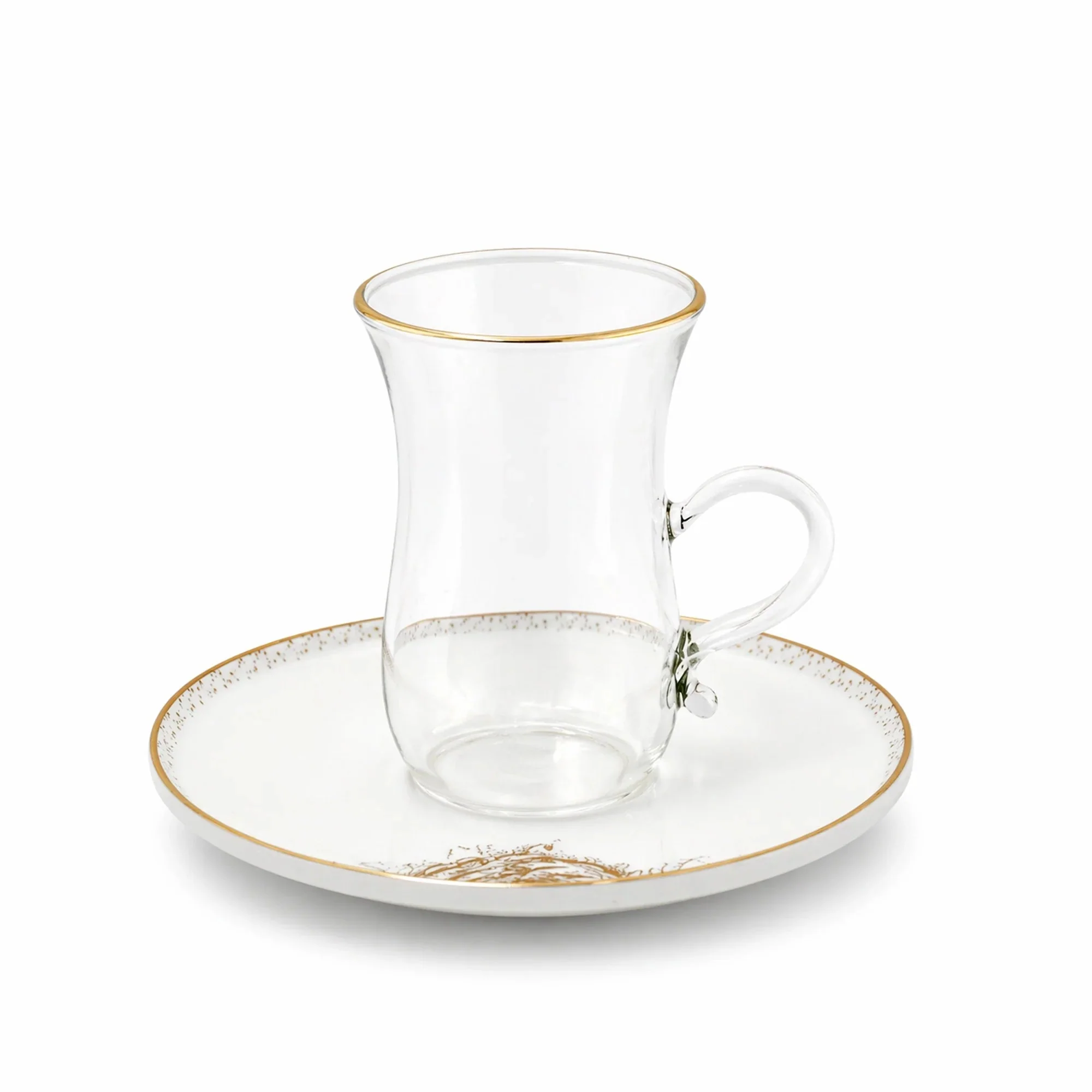 ABL GP-150 Glass Tea Cup & Saucer Set – 12 Pieces – Clear Glass with Gold Rim & Elegant Floral Accent Design