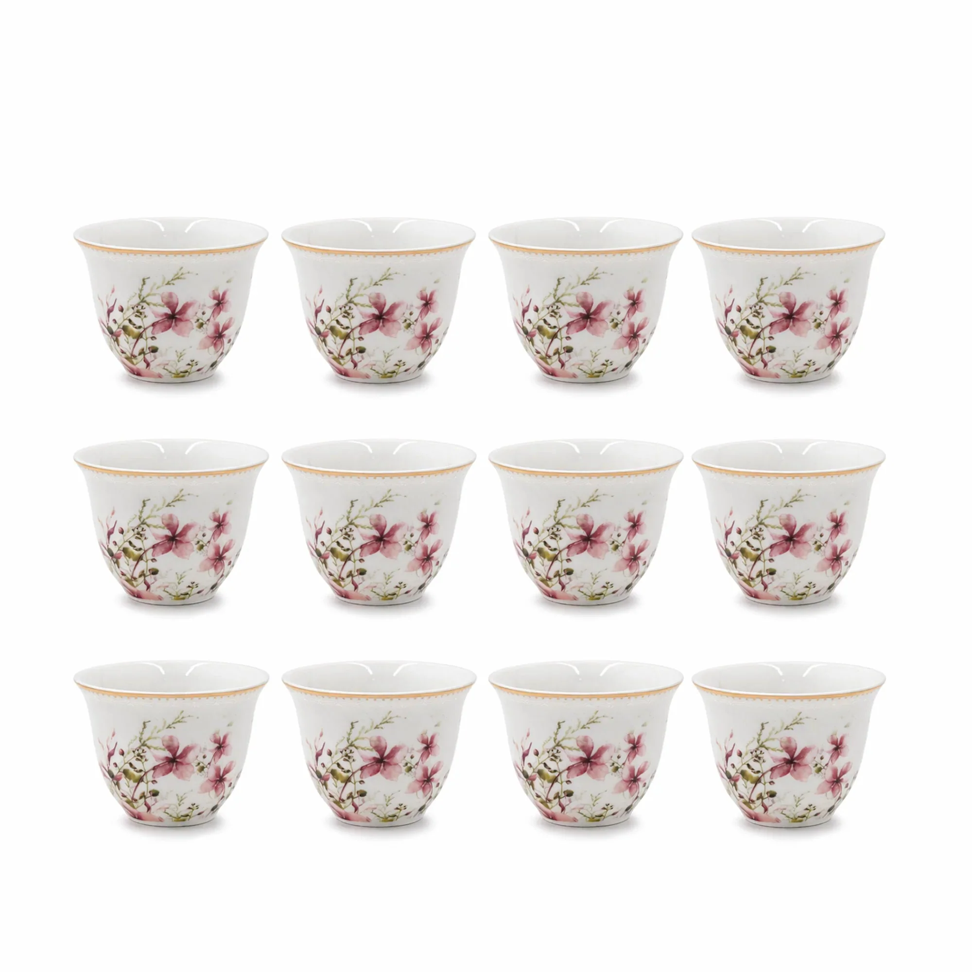 ABL GP-155 Ceramic Ceramic Cawa Cup Set – 12 Pieces – Floral Design with Gold Rim